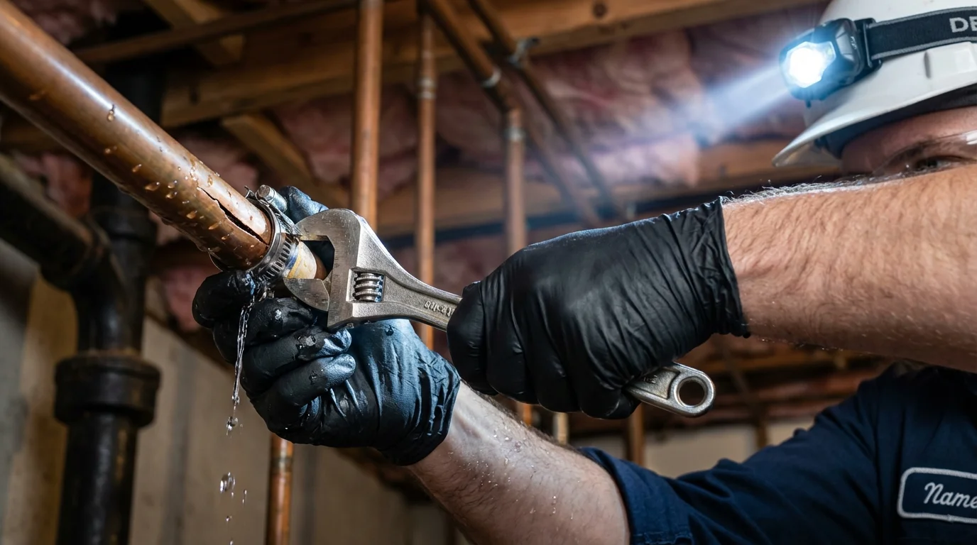Emergency pipe clamp repair being performed by a Johns Plumbing LLC plumber in Allison Park