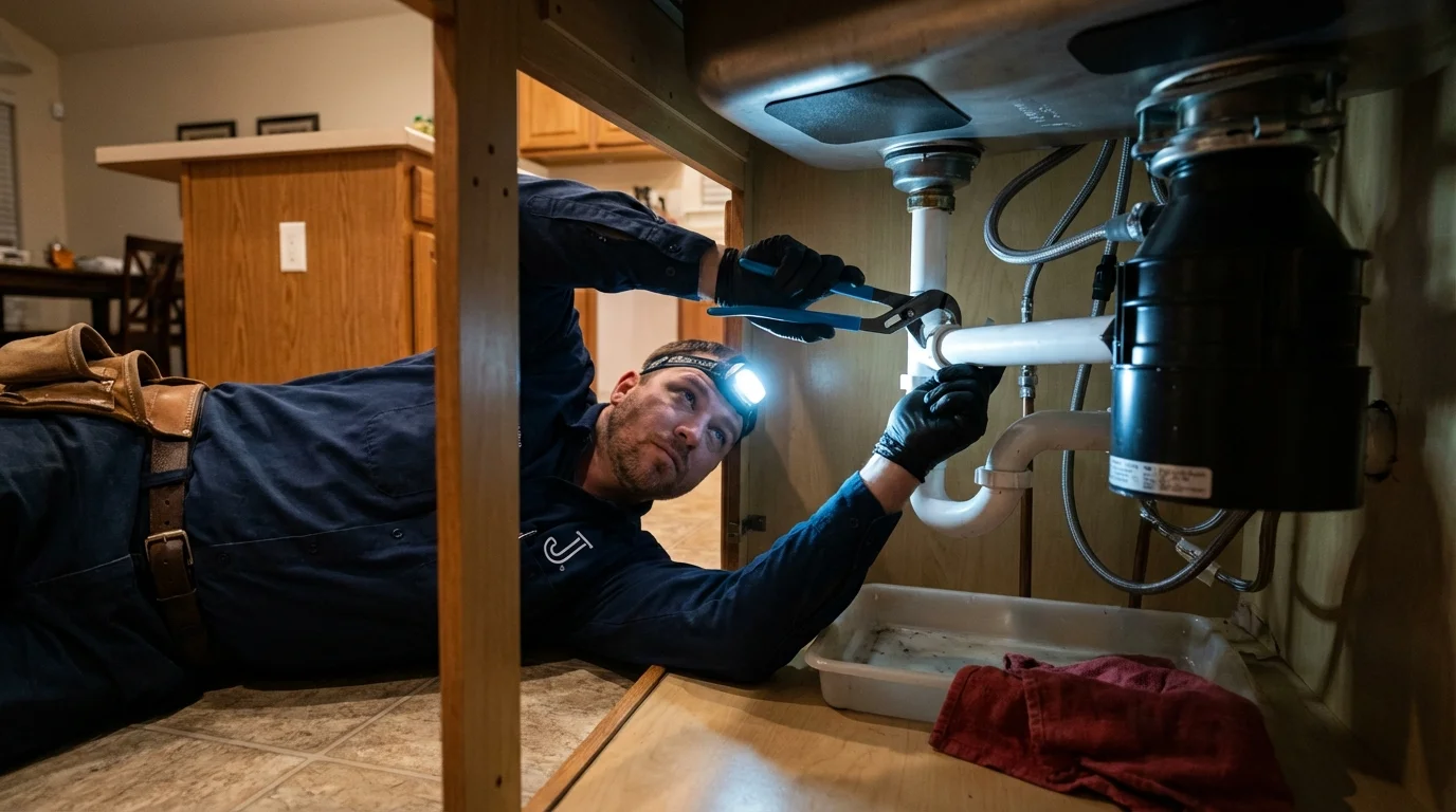 P-trap and supply line connections under a kitchen sink showing a common leak point in Allison Park, PA